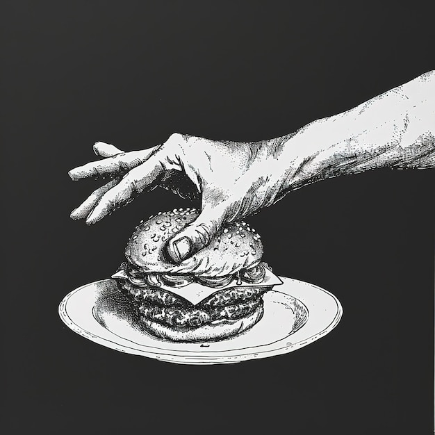 La mano si estende per un delizioso hamburger, simbolo del fast food.