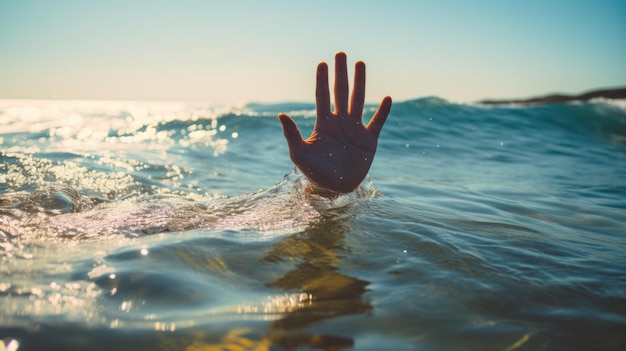 La mano sporge da sotto l'acqua nel mare e mostra il gesto Aiuto Cinque dita pa