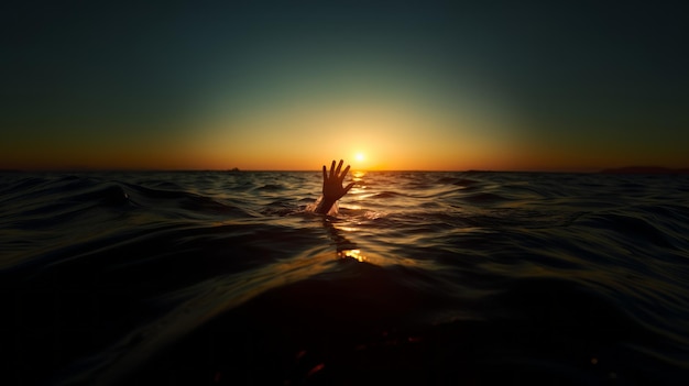 La mano sporge da sotto l'acqua nel mare e mostra il gesto Aiuto Cinque dita pa