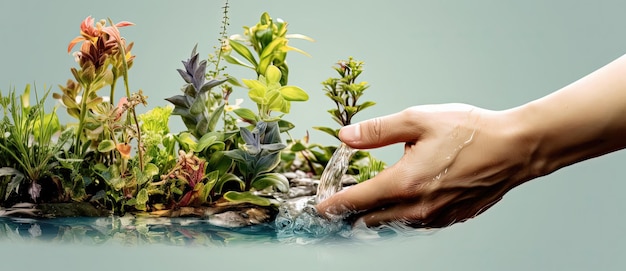 la mano sta tenendo l'acqua su una pianta nello stile di paesaggi di giardino tranquilli