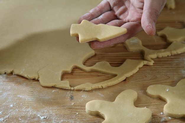 La mano tagliata dello chef che tiene l'impasto al tavolo