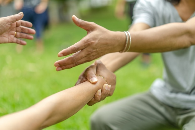 La mano tiene insieme nella comunità nel giardino / parco.