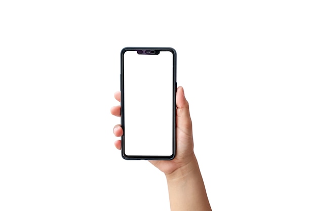 La mano tiene lo schermo bianco, il telefono cellulare è isolato su uno sfondo bianco con il tracciato di ritaglio.