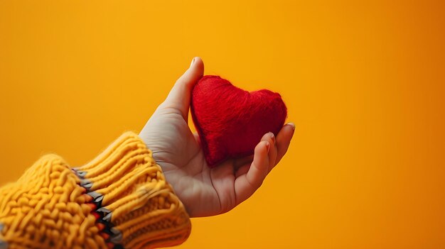 la mano tiene un cuore rosso su uno sfondo arancione