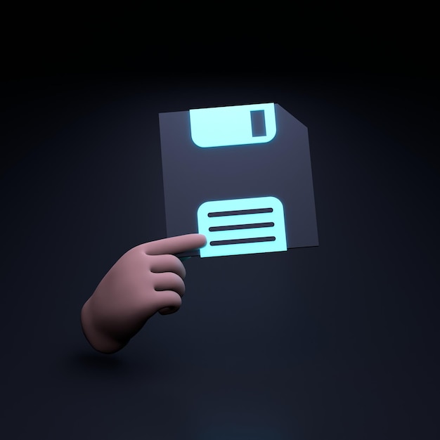 La mano tiene un'illustrazione di rendering 3D del floppy disk