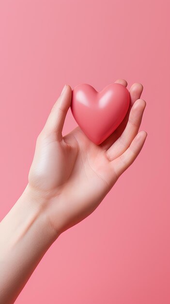 la mano tiene una forma d'amore a cuore su uno sfondo rosa