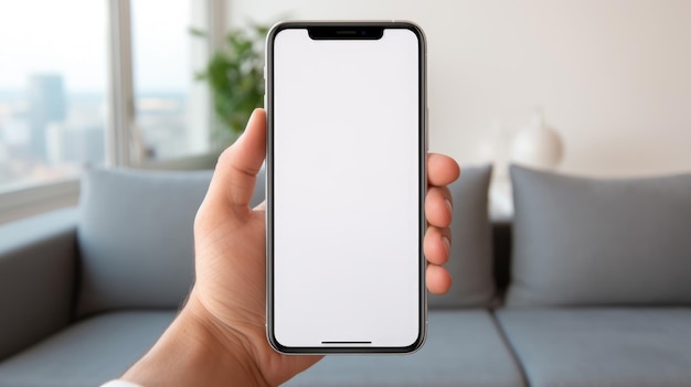 La mano umana tiene un telefono con uno schermo bianco vuoto Creato con la tecnologia di intelligenza artificiale generativa