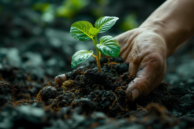 La mano umana tiene una pianta giovane in un terreno fertile che simboleggia la crescita e l'ecologia