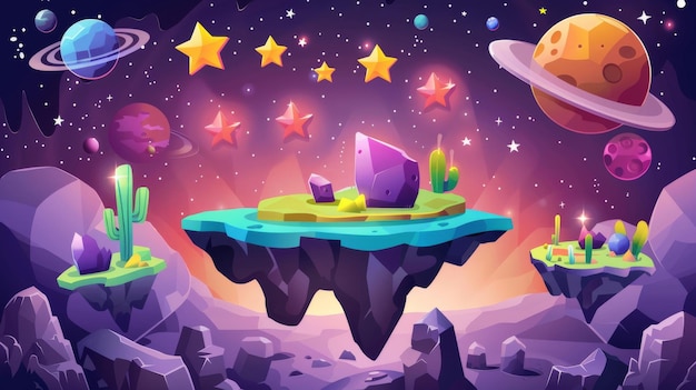 La mappa dei livelli include isole galleggianti, valutazioni stellari e una nave spaziale volante su uno sfondo con pianeti alieni. Viene visualizzata un'interfaccia di videogioco di cartoni animati con un palco da salto su una piattaforma rocciosa.