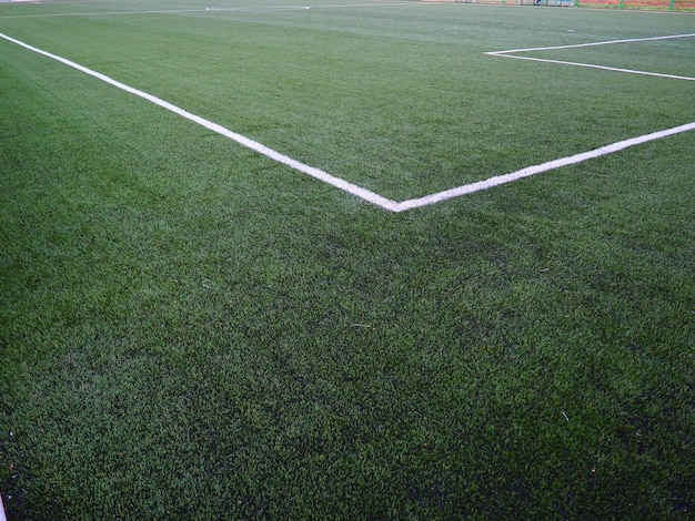 La marcatura del campo di calcio sull'erba verde Linee bianche non più larghe di 12 cm o 5 pollici Area del campo di calcio