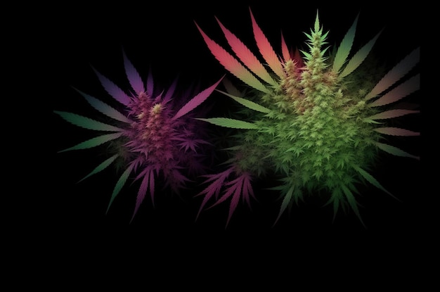 La marijuana lascia la cannabis su una coltivazione interna con sfondo nero scuro
