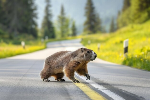 La marmotta attraversa una strada con uno sfondo di prato