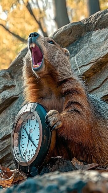 la marmotta che tiene un orologio e urla l'evento banner verticale del giorno della marmotta