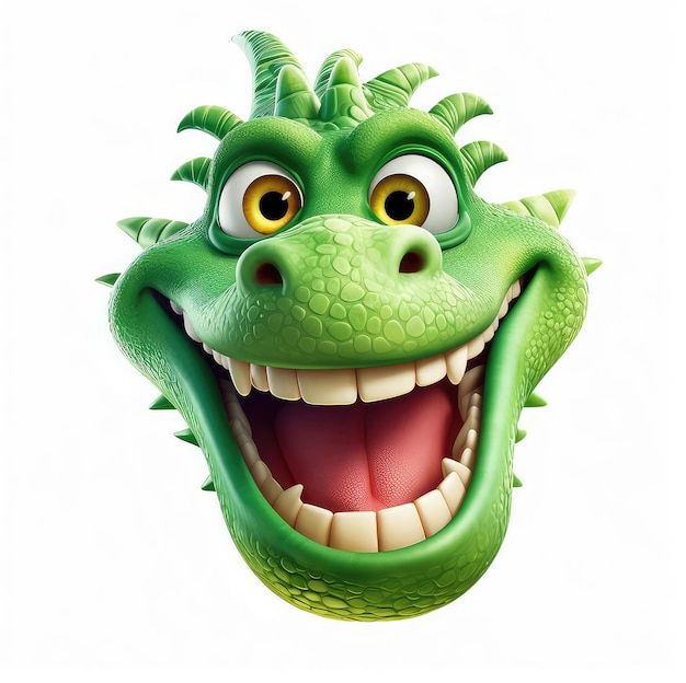 La mascotte del drago verde dei cartoni animati con la faccia sorridente su sfondo bianco