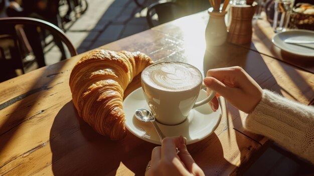 La mattina delizia una deliziosa colazione con cappuccino croissant e ombre al sole