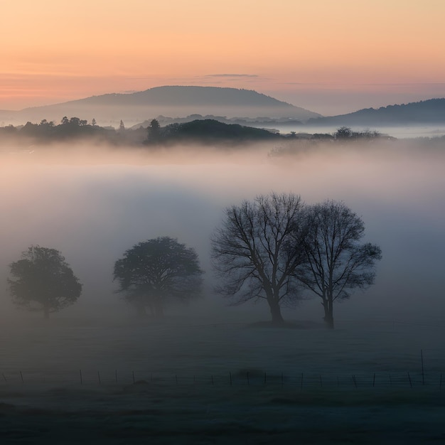 La mattinata nebbiosa copre il paesaggio in una tranquillità eterea