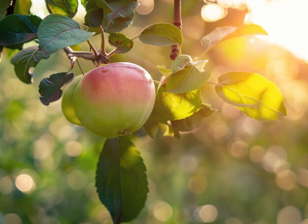 la mela cresce su un albero nel giardino del raccolto in un sole sempre luminoso con un giorno di pioggia copia lo sfondo spaziale AI generato
