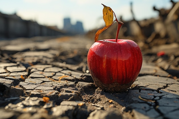 La mela emblematica sulla terra asciutta illustra l'insicurezza alimentare, la carenza idrica, la crisi agricola