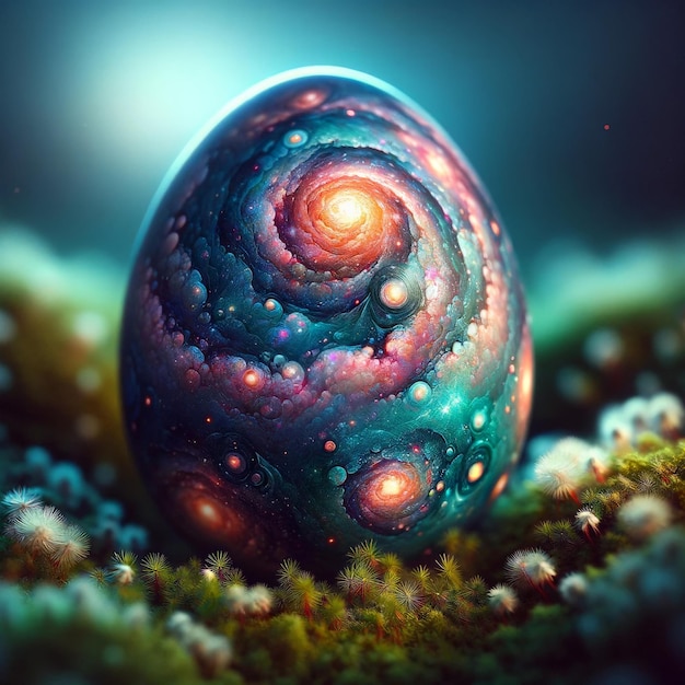 La meravigliosa galassia dell'uovo di Pasqua celeste su un letto di muschio del crepuscolo