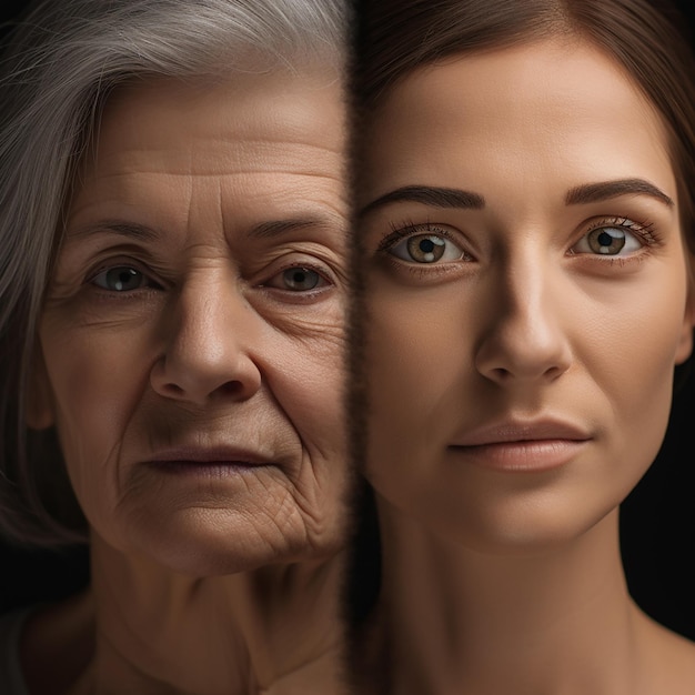 La metà della foto è il volto di una giovane donna, l'altra metà della foto è il volto di una donna anziana in primo piano