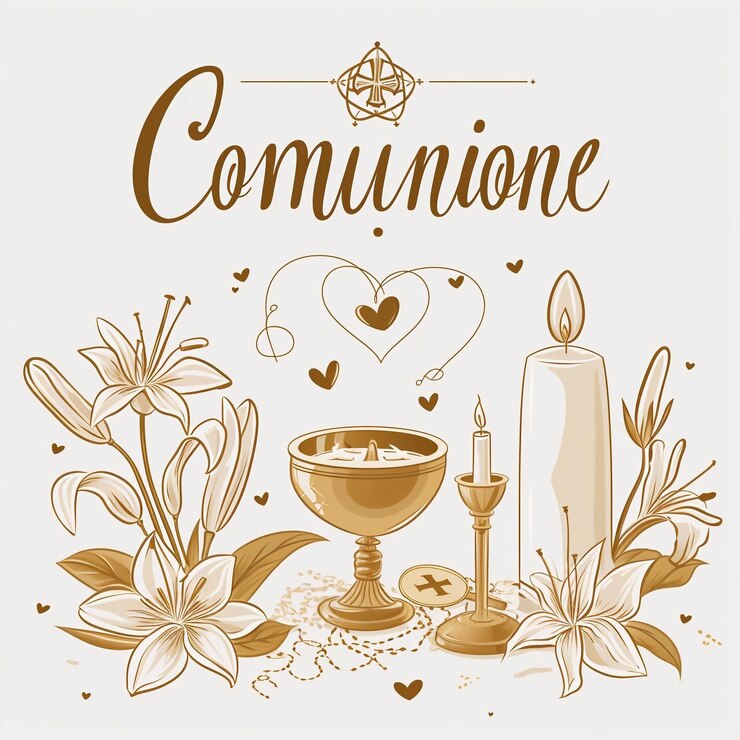 Foto la mia prima comunione scritta in tipografia elegante con biglietto con accenti di cuore sottili e pisside
