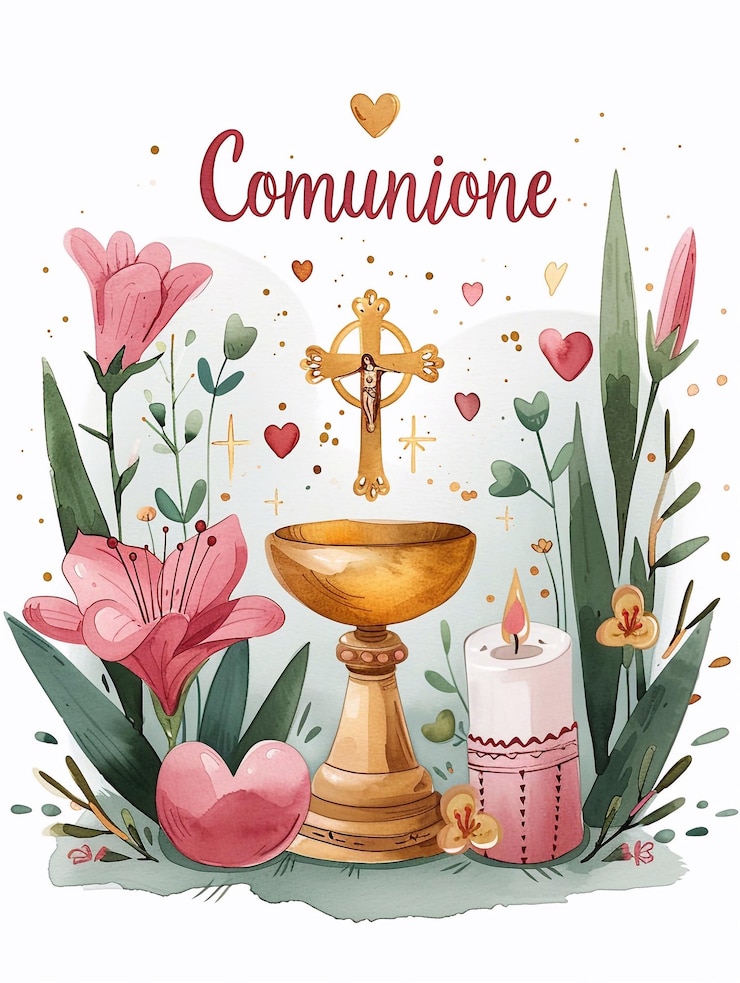 Foto la mia prima comunione scritta in tipografia elegante con biglietto con accenti di cuore sottili e pisside