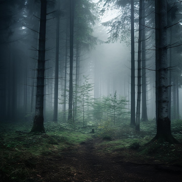 La misteriosa tranquillità nella nebbia della foresta, scena generata dall'AI