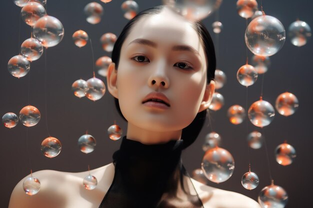 La modella asiatica Bubble Elegance posa graziosamente circondata da una capricciosa cascata di bolle