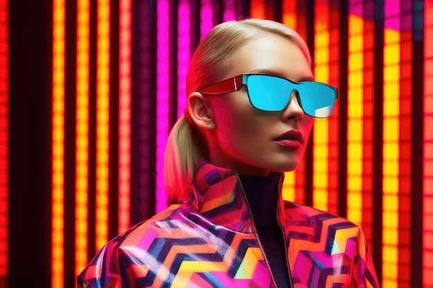 La modella futuristica ed elegante degli anni '80 posa in un luogo con luci geometriche al neon dietro la sua intelligenza artificiale generativa