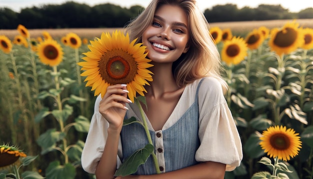 La modella indossa un vestito con una camicia che dice che tiene un girasole