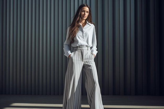 la modella indossa una maglia a maniche lunghe con maglia a maniche lunghe e pantaloni a righe