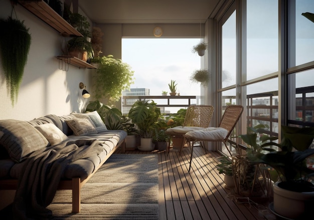 La moderna area sedute sul balcone è decorata con piante verdi