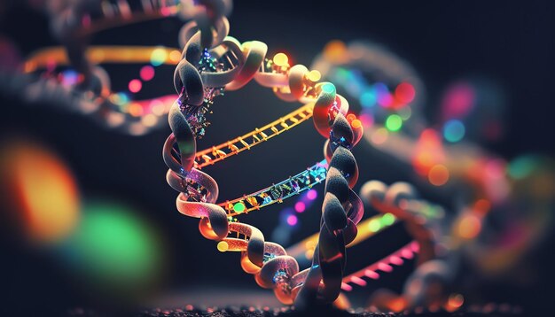 La molecola di DNA si trova di fronte a uno sfondo colorato collage astratto AI generativa