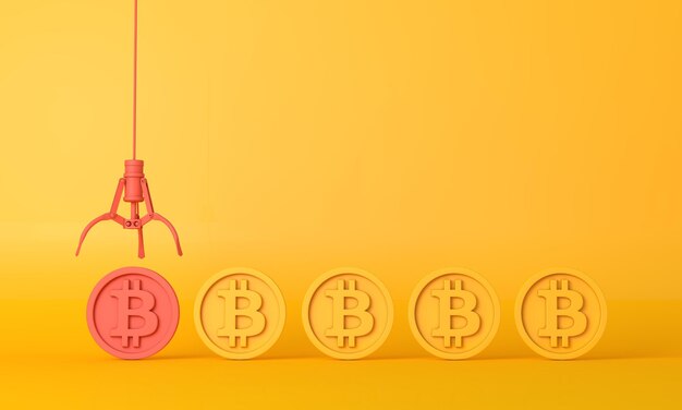 La moneta della criptovaluta Bitcoin viene afferrata da un artiglio robotico d rendering