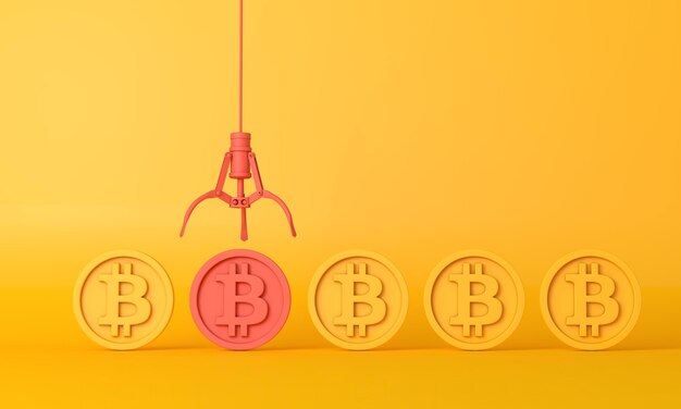 La moneta della criptovaluta Bitcoin viene afferrata da un artiglio robotico d rendering