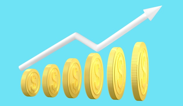 La moneta mostra un'illustrazione graph3d di crescita redditizia del mercato azionario