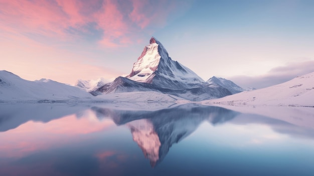 La montagna del Matterhorn riflessa in un lago al tramonto rendering 3D Generative AI