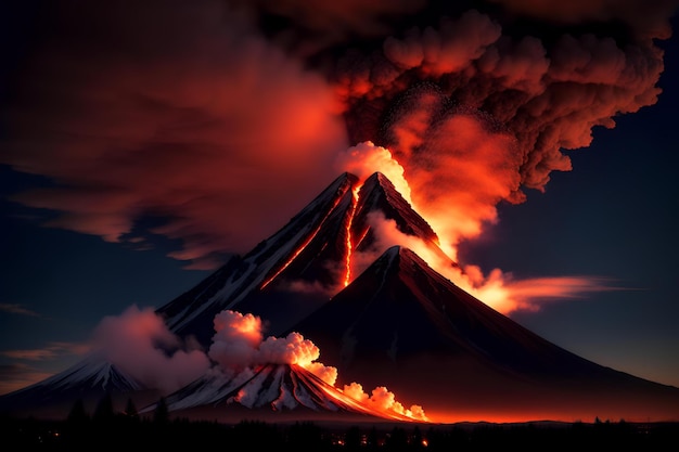 la montagna in eruzione vomita cenere infuocata nel cielo