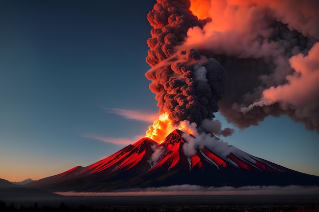 la montagna in eruzione vomita cenere infuocata nel cielo
