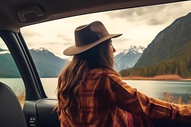 La montagna meravigliosa della donna viaggiatrice che ammira le viste panoramiche dall'auto