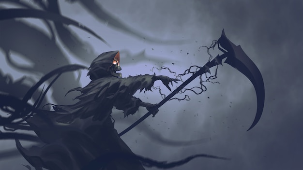 La Morte conosciuta come Grim Reaper lancia la magia nera sulla falce, lo stile dell'arte digitale, la pittura illustrativa