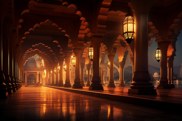 La moschea brilla al chiaro di luna del cielo di mezzanotte