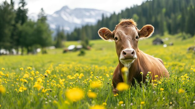 La mucca curiosa si trova in un prato alpino punteggiato di fiori selvatici montagne sullo sfondo sotto un cielo soleggiato tranquillità della vita pastorale