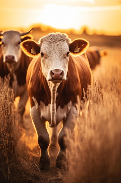 La mucca di Hereford in piedi in un campo di grano dorato al tramonto