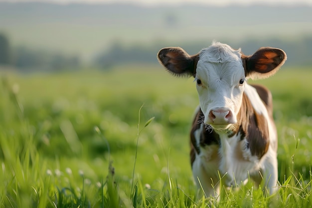 La mucca marrone e bianca in piedi su un campo verde e lussureggiante