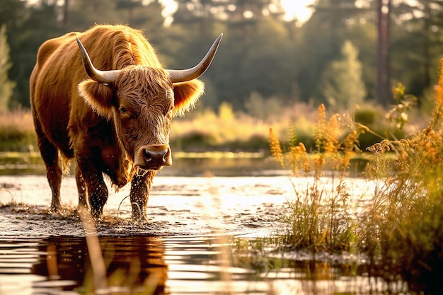 La mucca pascola in un prato in estate in una giornata di sole