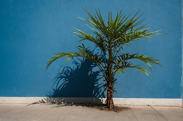 La natura abbraccia la pianta sullo sfondo di una parete blu