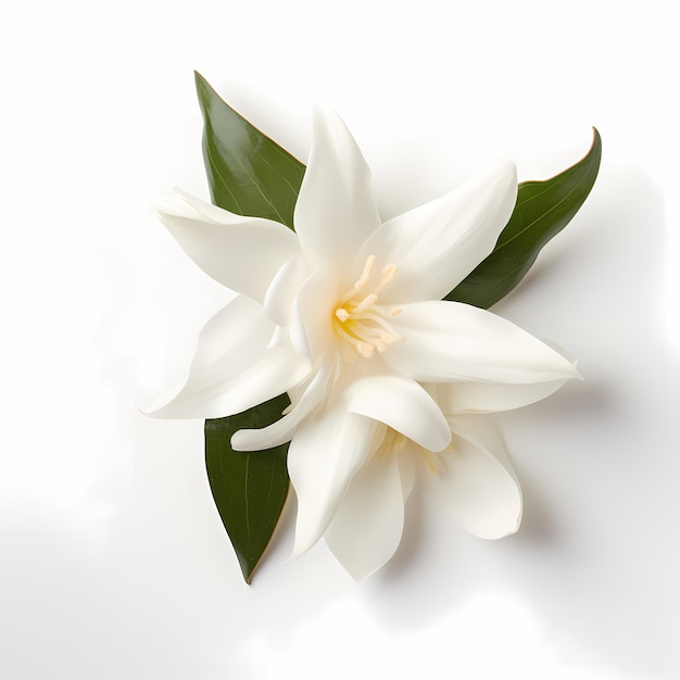 La natura delizia il fiore e i baccelli di vaniglia su uno sfondo bianco