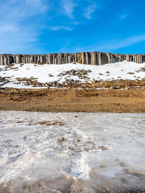 La natura della parete della colonna di Gerduberg della struttura del fenomeno della pietra di basalto in Islanda