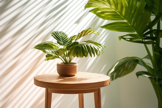 La natura incontra una lussuosa foglia tropicale illuminata dal sole su un tavolo di legno per un'esposizione di lusso